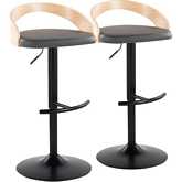 Grotto Adjustable Swivel Bar Stool in Black Metal, Natural Wood & Grey Leatherette (Set of 2)